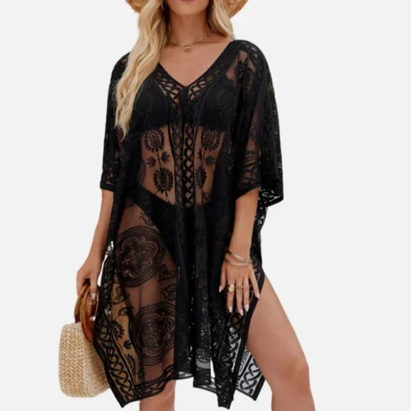 Colornival Swimwear Beach Pool Cover Up Poncho Black V Neck Lace Floral Paisley - Picture 1 of 13